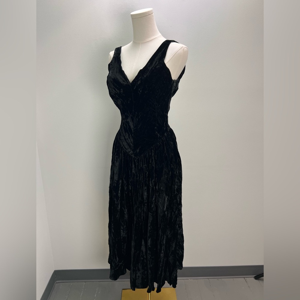 Vintage Betsey Johnson Punk Label 80s Black Velvet Midi Dress Basque Waist - Picture 3 of 10